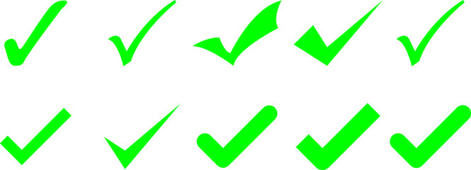 green checkmark icon. yes, write symbol. save graphic design element set on white background
