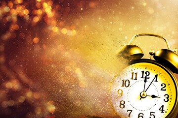 2022 New Year concept with Clock And Fireworks, Golden Abstract Defocused Background