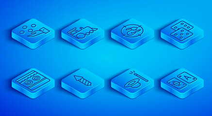 Set line Juggling ball, Toy train, Hunt on rabbit with crosshairs, Firework rocket, Magic hat and wand, Game dice, Shooting gallery and Tarot cards icon. Vector