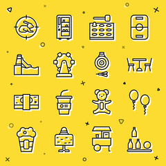 Set line Bottles ball, Balloons, Picnic table with chairs, Arcade game machine, Ferris wheel, Water slide, Hunt rabbit crosshairs and Classic dart board and arrow icon. Vector