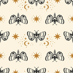 Moths and stars seamless pattern. Vector illustration. Boho style.