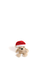 Stuffed teddy bear in a Santa Claus hat on a white background.