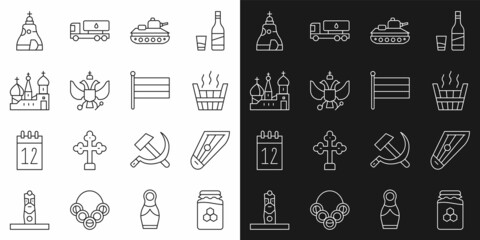 Set line Jar of honey, Kankles, Sauna bucket, Military tank, National emblem Russia, Saint Basil's Cathedral, The Tsar bell and flag icon. Vector