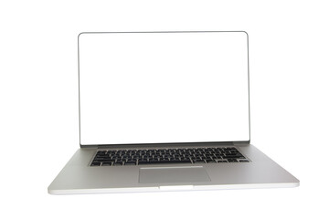 Flat morden laptop isolated on white background. Front angle view. White screen. Computer device mockup. Copy space - 474219929