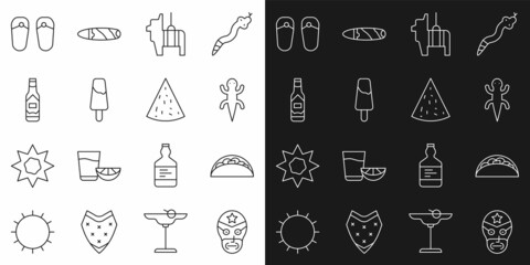 Set line Mexican wrestler, Taco with tortilla, Lizard, Pinata, Popsicle ice cream, Tabasco sauce, Flip flops and Nachos icon. Vector