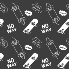 Skateboarding Seamless Pattern with Cartoon Skateboard. Vector Illustration of Board on Dark Color Background with Phrase. Flat Line Art Style Design with Skate