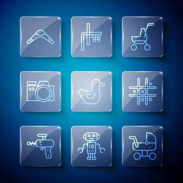 Set line Ray gun, Robot toy, Baby stroller, Rubber duck, Photo camera, Boomerang and Tic tac toe game icon. Vector