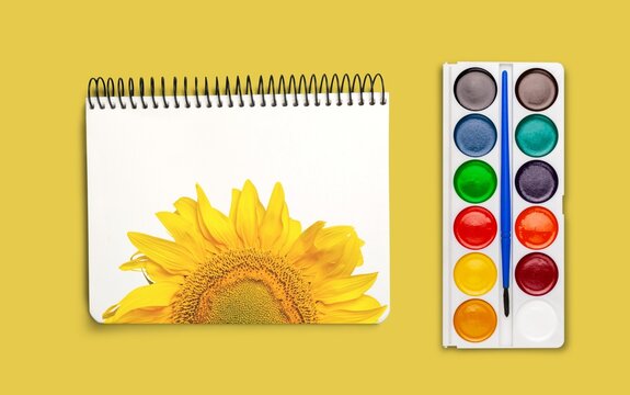photo book with sunflower cover vector on desk background