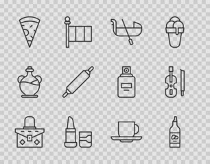 Set line Handbag, Bottle of olive oil, Gondola, Lipstick, Slice pizza, Rolling pin, Coffee cup and Violin icon. Vector