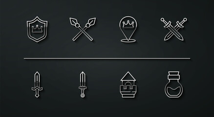 Set line Shield with crown, Medieval sword, Crossed medieval, Castle tower, spears, Poison in bottle and Location king icon. Vector