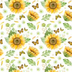 Sunflowers white roses and chrysanthemums - floral seamless pattern. Watercolor clipart on white background