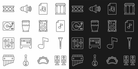Set line Stereo speaker, Clarinet, Music book with note, Drum, Vinyl player vinyl disk, and icon. Vector