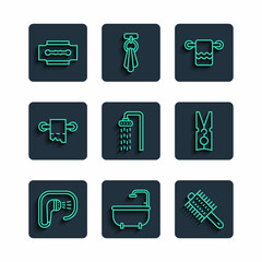 Set line Shower, Bathtub, Hairbrush, Towel on hanger, Toilet paper roll, Blade razor and Clothes pin icon. Vector