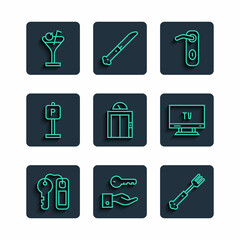 Set line Hotel door lock key, Fork, Door handle, Lift, Parking, Martini glass and Smart Tv icon. Vector