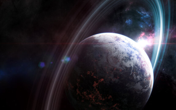 Beautiful space landscape. Inhabited deep space planet at star rise. Science fiction. Elements of this image furnished by NASA