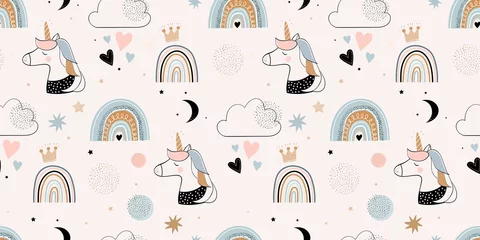 Wall murals Rainbow Valentine's Day seamless pattern with cute unicorns, clouds and rainbows, kids background, wallpaper, gift paper, holidays surface design, doodle elements