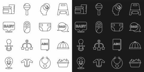 Set line Baby bathtub, hat, Speech bubble dad, dummy pacifier, Newborn baby infant swaddled, food and absorbent diaper icon. Vector