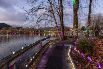 Fototapeta na wymiar Trail in a park around Lafarge Lake with Christmas Lights. Located in Coquitlam, Greater Vancouver, British Columbia, Canada.
