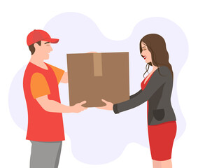 Food delivery. The girl receives the package. The courier hands the parcel to the buyer. Shipping box, packaging services, transportation, container. Receive, send and transfer goods. 