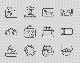 Set line Cruise ship, Captain hat, Sunbed and umbrella, Worldwide, Photo camera, Suitcase, and ticket icon. Vector
