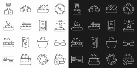 Set line Cruise ship, Glasses, Lighthouse, Sinking cruise, Beach pier dock, Tropical island ocean, Captain of and ticket icon. Vector