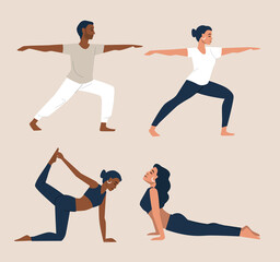 Young woman doing yoga exercises and practicing meditation vector. Female nad male character