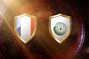 france and Organisation of Islamic Cooperation flag in golden shield on copper texture background.