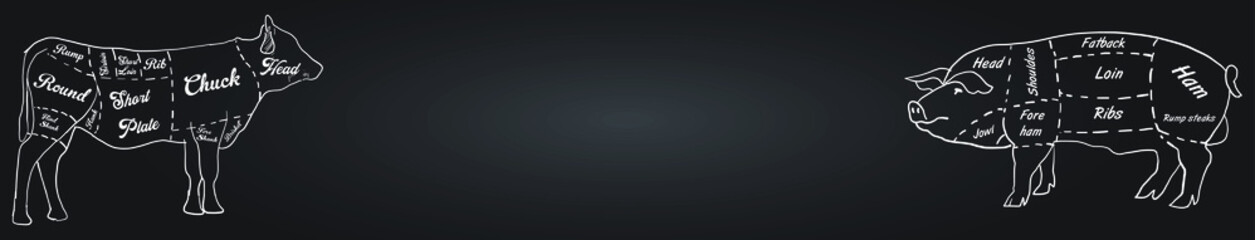 Vintage Butcher shop hand - drawn. Retro Menu Restaurant poster. Vector. Fresh meat products. Design element for poster, menu, flyer, banner, package.