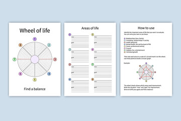 Wheel of life. Vector printable template. Coaching tool on white background.  Life balance concept. Suitable for daily planner, notebook