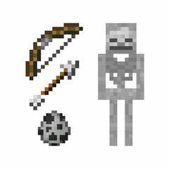 Fototapeta premium Pixel set of skeleton items. Game hero concept. Pixel skeleton, bow, arrow, skeleton summon egg. Vector illustration EPS 10.