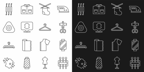 Set line Needle for sewing, Sewing thread on spool, Scissors, Knitting needles, Leather, chalk, Crochet hook and Hanger wardrobe icon. Vector