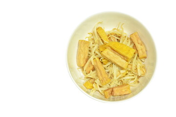 fried bean sprout with slice yellow tofu vegetarian food on plate