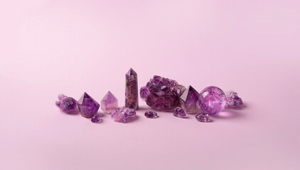 amethyst minerals set on marble background. Magic gemstones for esoteric spiritual practice,...