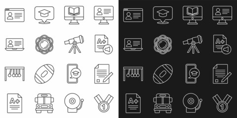 Set line Medal, Exam sheet and pencil, with A plus grade, Online class, Atom, and Telescope icon. Vector