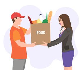Courier food delivery. The courier delivered the food to the girl. Festive dinner. Groceries at home.