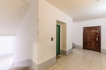 Russia, Moscow- May 08, 2020: interior public place, house entrance. doors, walls, staircase corridors