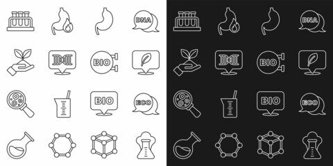 Set line Chemical explosion, Label for eco healthy food, Location with leaf, Human stomach, DNA symbol, Plant in hand, Test tube flask and Bio icon. Vector