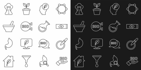 Set line Bio healthy food, Petri dish with pipette, Blood test and virus, Human head leaf inside, Mortar pestle, Chemical explosion and Test tube flask icon. Vector