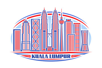 Obraz premium Vector illustration of Kuala Lumpur, horizontal logo with linear design famous asian city scape on day sky background, urban line art concept with decorative lettering for blue words kuala lumpur