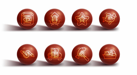 Set line Canned fish, Eel, Tropical, Served on plate, Sushi cutting board, Octopus, Fishing boat and Starfish icon. Vector