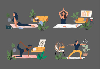 Woman doing yoga exercises and practicing meditation vector. Female character in home interior