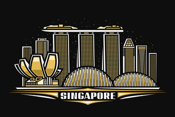 Vector illustration of Singapore, dark horizontal poster with linear design singapore city scape on dusk sky background, asian urban line art concept with decorative lettering for white word singapore - obrazy, fototapety, plakaty