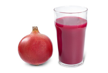 Pomegranate juice in a glass and ripe pomegranate. Isolated on white background