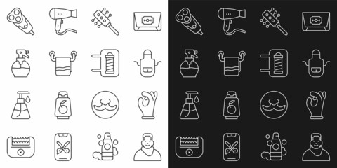 Set line Client in barbershop, Medical rubber gloves, Barber apron, Hairbrush, Towel hanger, Hairdresser pistol spray bottle, Electric razor blade and pole icon. Vector