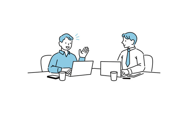 会議、打ち合わせで会話する男性達のイラスト
