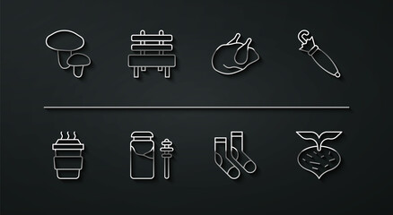 Set line Mushroom, Coffee cup to go, Umbrella, Socks, Jar honey and dipper stick, Bench, Beet and Roasted turkey or chicken icon. Vector