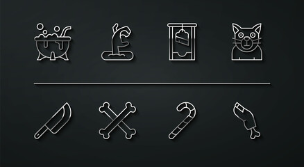 Set line Halloween witch cauldron, Knife, Cat, Christmas candy cane, Crossed bones, Zombie hand, finger and Guillotine icon. Vector