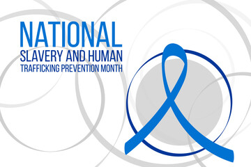 National slavery and human trafficking prevention month concept. Banner with blue ribbon awareness and text. Vector illustration.