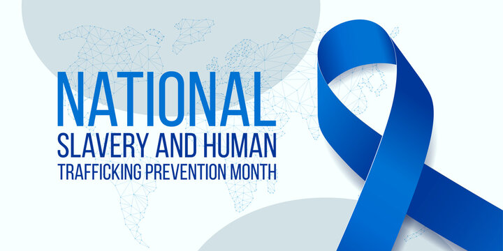 National slavery and human trafficking prevention month concept. Banner with blue ribbon awareness and text. Vector illustration.