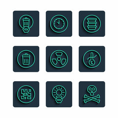 Set line QR code, No direct sunlight, Bones and skull warning, Bowl, Radioactive, Trash can, and Meteorology thermometer icon. Vector